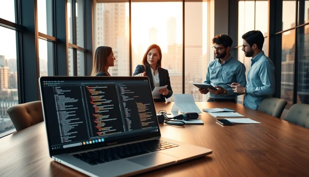 A modern office setting with a large, sleek wooden desk in the foreground, featuring a laptop open to a split screen displaying code from Claude Code and Opencode. In the middle ground, a diverse group of three professionals—two men and one woman—are engaged in a focused discussion, surrounded by tech gadgets and design diagrams. The woman, wearing modest business attire, points at the laptop screen, while the men, dressed in smart casual clothing, are taking notes on tablets. In the background, floor-to-ceiling windows reveal a dynamic city skyline bathed in warm afternoon light, creating a vibrant and inspiring atmosphere. The overall mood is collaborative and forward-thinking, emphasizing the importance of choosing the right development tool. Soft focus gives a sense of depth, enhancing the scene.