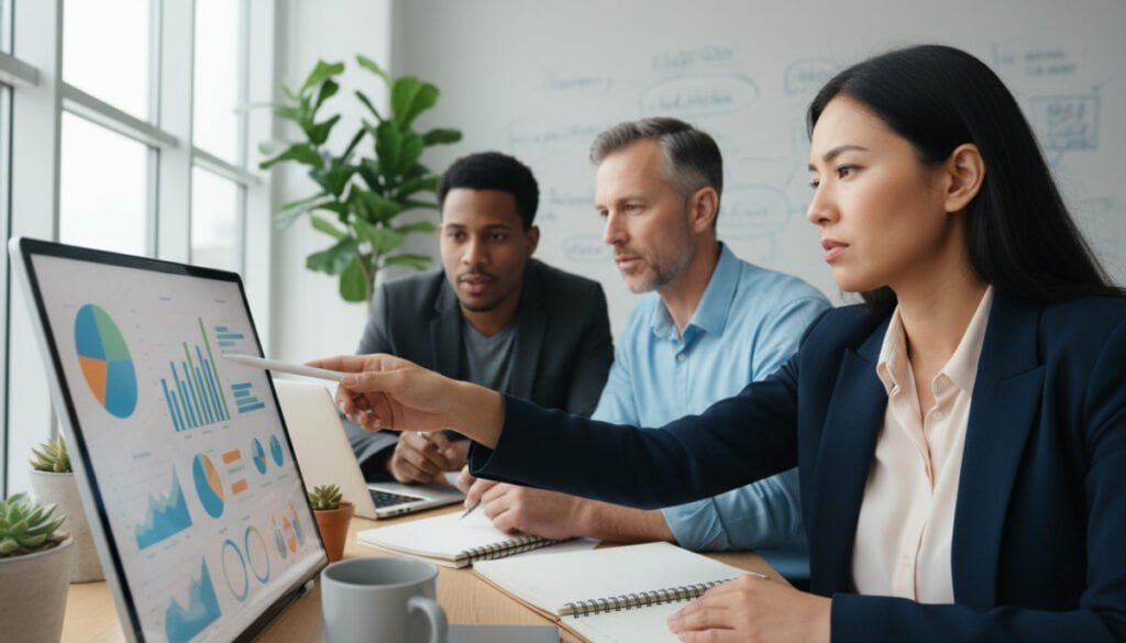 A modern office setting with a professional, diverse team analyzing data on a large tablet screen. In the foreground, a focused businesswoman in a smart blazer points at colorful graphs and charts displayed on the device, her expression one of determination. In the middle ground, a mid-aged man in a casual button-up shirt takes notes, surrounded by notebooks and a laptop, while a young man in casual business attire leans over to share insights, creating a collaborative atmosphere. The background features a well-lit office space with a whiteboard filled with strategic notes, large windows allowing natural light to pour in, and potted plants adding a touch of greenery. The mood is energetic and innovative, reflecting a high-tech, analytical environment. Soft, diffused lighting emphasizes the professional tone, with a shallow depth of field to keep the focus on the team’s interaction.