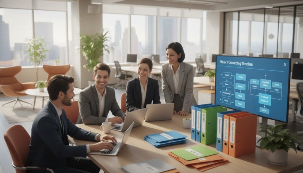 A modern office setting with a welcoming atmosphere, featuring a well-organized HR onboarding workstation. In the foreground, a diverse group of professionals in business attire engages in friendly conversation, reviewing onboarding documents on sleek laptops. In the middle ground, a large table adorned with colorful folders labeled "SOPs" and "Compliance Checklists" sits next to a digital whiteboard displaying flowcharts and onboarding timelines. The background showcases a bright, open office with large windows, allowing natural light to fill the space, enhancing a sense of productivity and teamwork. Soft shadows create depth, while warm tones in the decor foster a welcoming vibe. The overall mood is collaborative and focused, emphasizing the importance of effective HR processes in a supportive environment. A modern office setting with a welcoming atmosphere, featuring a well-organized HR onboarding workstation. In the foreground, a diverse group of professionals in business attire engages in friendly conversation, reviewing onboarding documents on sleek laptops. In the middle ground, a large table adorned with colorful folders labeled "SOPs" and "Compliance Checklists" sits next to a digital whiteboard displaying flowcharts and onboarding timelines. The background showcases a bright, open office with large windows, allowing natural light to fill the space, enhancing a sense of productivity and teamwork. Soft shadows create depth, while warm tones in the decor foster a welcoming vibe. The overall mood is collaborative and focused, emphasizing the importance of effective HR processes in a supportive environment.