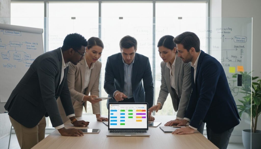 A modern office space featuring a professional-looking desk with a laptop displaying Connecteam employee scheduling software. In the foreground, a diverse group of employees in business attire is gathered around the desk, analyzing a digital calendar filled with colorful scheduling blocks. The middle ground shows a large window letting in natural light, illuminating the room and casting soft shadows. A whiteboard with brainstorming notes and diagrams is visible in the background, enhancing the atmosphere of collaboration. The color palette is vibrant yet professional, reflecting a productive and dynamic work environment. The scene evokes a sense of teamwork and efficiency, ideal for frontline workforce management discussions. A modern office space featuring a professional-looking desk with a laptop displaying Connecteam employee scheduling software. In the foreground, a diverse group of employees in business attire is gathered around the desk, analyzing a digital calendar filled with colorful scheduling blocks. The middle ground shows a large window letting in natural light, illuminating the room and casting soft shadows. A whiteboard with brainstorming notes and diagrams is visible in the background, enhancing the atmosphere of collaboration. The color palette is vibrant yet professional, reflecting a productive and dynamic work environment. The scene evokes a sense of teamwork and efficiency, ideal for frontline workforce management discussions.