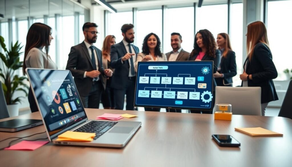 A modern office space showcasing an automated workflow setup. In the foreground, a sleek desk with a laptop displaying a flowchart of automated tasks, surrounded by colorful sticky notes and digital devices. In the middle ground, a group of diverse professionals in business attire, engaged in discussion, with one pointing at a monitor illustrating a seamless workflow process. The background reveals large windows with natural light pouring in, creating an inviting atmosphere. Incorporate elements like gears, arrows, and digital icons symbolizing automation. The lighting is bright and dynamic, conveying productivity and innovation. Use a wide-angle lens effect to capture the entire environment, focusing on collaboration and efficiency.