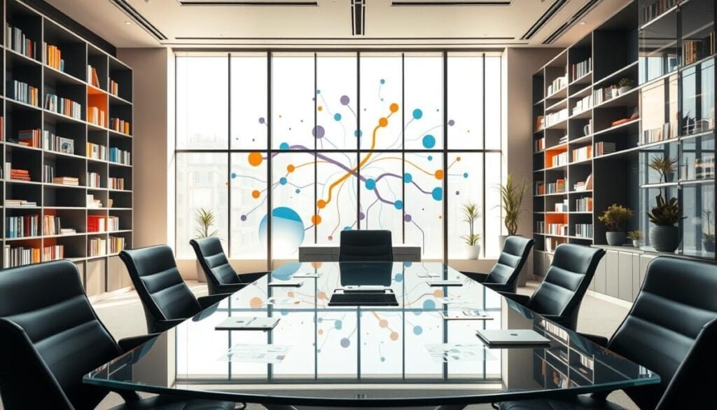 A modern office space showcasing innovative architecture designed for collaborative creativity. In the foreground, a sleek glass conference table surrounded by comfortable ergonomic chairs, with digital brainstorming tools scattered across the surface. The middle ground features a large window allowing natural light to flood the room, illuminating an abstract mural on the wall symbolizing ideas flowing and connecting. The background displays tall, futuristic bookshelves filled with colorful books and small potted plants for a touch of greenery. The atmosphere should feel inspiring and dynamic, with warm, soft lighting complementing the clean lines and minimalist design. The angle captures a wide view of the space, emphasizing openness and the potential for brainstorming and creativity.