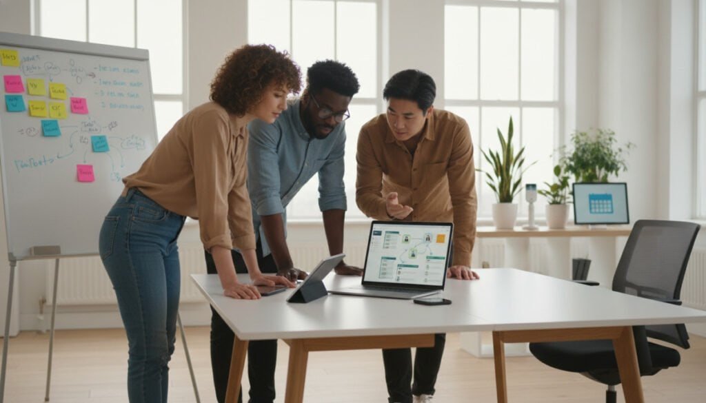 A modern office space showcasing organizational software in action. In the foreground, a diverse group of three professionals—two men and one woman—are collaborating around a sleek conference table, using a laptop and digital tablet to display project management software. The middle layer reveals a whiteboard with colorful sticky notes and flowcharts, enhancing the theme of organization and creativity. In the background, large windows allow natural light to flood the room, creating an inviting atmosphere. The lighting is bright and warm, with a focus on clarity and productivity. A clean, minimalistic aesthetic promotes a sense of efficiency and teamwork, with subtle tech gadgets and plants adding a touch of modernity to the workspace. No text or branding elements present.