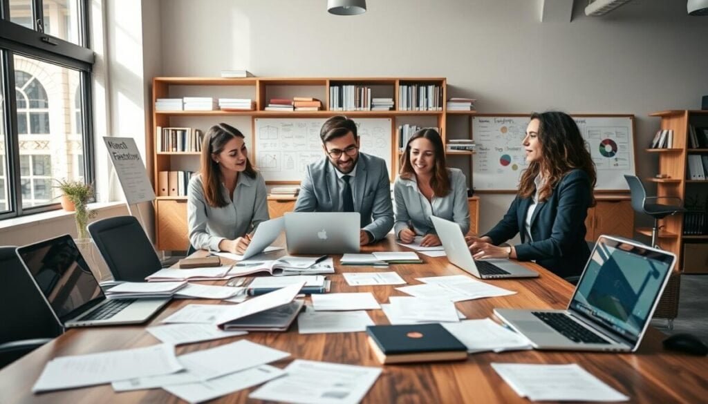 A modern office space with a large wooden table at the forefront, cluttered with papers, notebooks, and laptops displaying documents with visible annotations. A diverse group of three professionals, a man and two women, engaged in a focused discussion, all wearing professional business attire. In the background, shelves lined with books and research equipment, including charts and a whiteboard filled with ideas. Soft, natural light streaming in from large windows, casting subtle shadows and creating a calm, productive atmosphere. The focus is on collaboration and iterative feedback, illustrated by the expressions of concentration and enthusiasm. Shot from a slightly elevated angle, emphasizing the dynamic exchange of ideas.