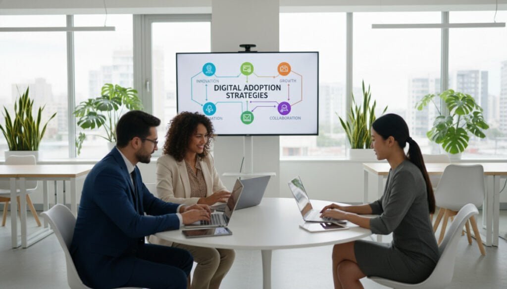 A modern office training environment with a focus on employee development. In the foreground, a diverse group of three professionals, dressed in smart business attire, are engaged in an interactive training session, using laptops and digital devices to collaborate. In the middle, a large screen displays a colorful infographic about digital adoption strategies. In the background, bright, natural light streams through large windows, illuminating a contemporary office setting with plants and minimalist furnishings. The atmosphere is dynamic and professional, suggesting innovation and growth. The image should be captured using a wide-angle lens to emphasize the open, collaborative space, creating a sense of inclusion and energy in employee training. A modern office training environment with a focus on employee development. In the foreground, a diverse group of three professionals, dressed in smart business attire, are engaged in an interactive training session, using laptops and digital devices to collaborate. In the middle, a large screen displays a colorful infographic about digital adoption strategies. In the background, bright, natural light streams through large windows, illuminating a contemporary office setting with plants and minimalist furnishings. The atmosphere is dynamic and professional, suggesting innovation and growth. The image should be captured using a wide-angle lens to emphasize the open, collaborative space, creating a sense of inclusion and energy in employee training.