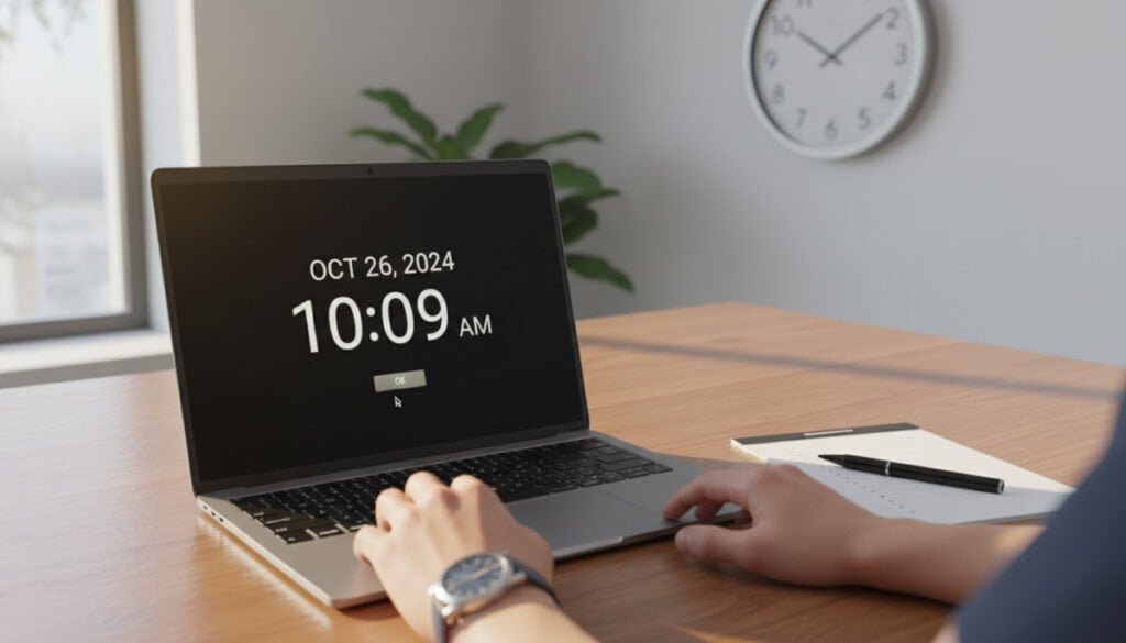 A modern office workspace bathed in soft, natural light, featuring a sleek laptop displaying a digital clock showing the date and time synchronized correctly. In the foreground, a person's hands adjust the date and time settings on the laptop, wearing a professional watch. The middle ground contains a stylish notepad and pen, suggesting a focus on productivity and organization. In the background, a wall clock synchronizes with the laptop, emphasizing the theme of time management. The atmosphere is calm and focused, evoking a sense of urgency and precision necessary for maintaining digital security. The scene is shot from a slight overhead angle, accentuating the tech-savvy environment while keeping the focus on the time synchronization theme.