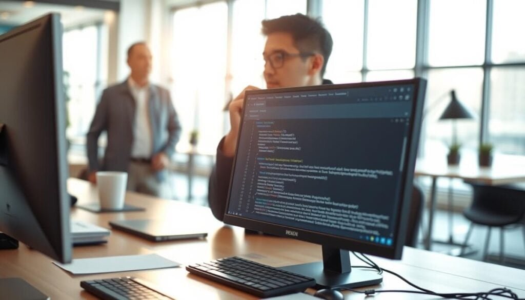 A modern office workspace featuring a computer screen displaying a detailed pull request comment in a collaborative project environment. In the foreground, a well-organized desk with a keyboard and notes. The middle ground shows a focused individual in professional attire, analyzing the screen, with a thoughtful expression, demonstrating engagement in teamwork. The background features a stylishly designed office with bright, natural light streaming through large windows, creating an open and inviting atmosphere. Soft shadows enhance the depth of the scene, captured from a slightly elevated angle to give an overview of the office dynamics. The mood is collaborative and productive, emphasizing team synergy and communication through commenting in project management. A modern office workspace featuring a computer screen displaying a detailed pull request comment in a collaborative project environment. In the foreground, a well-organized desk with a keyboard and notes. The middle ground shows a focused individual in professional attire, analyzing the screen, with a thoughtful expression, demonstrating engagement in teamwork. The background features a stylishly designed office with bright, natural light streaming through large windows, creating an open and inviting atmosphere. Soft shadows enhance the depth of the scene, captured from a slightly elevated angle to give an overview of the office dynamics. The mood is collaborative and productive, emphasizing team synergy and communication through commenting in project management.