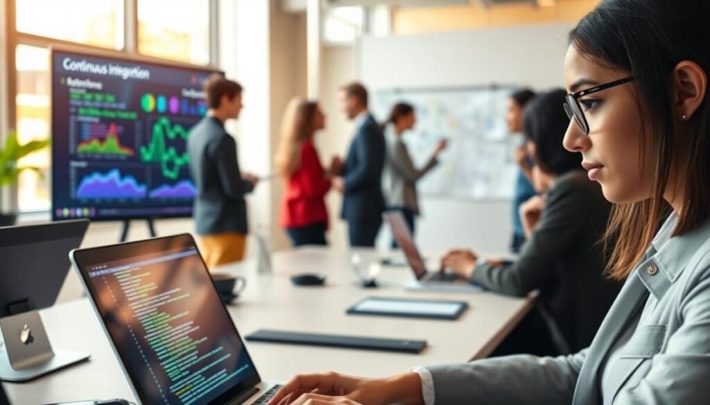 A modern office workspace featuring a diverse group of professionals collaborating on CI integration tasks. In the foreground, a focused woman in business attire is examining code on her laptop, with lines of green and blue code visible on the screen. The middle area highlights a large digital screen displaying a continuous integration dashboard, with colorful graphs and test results visualizations. In the background, soft-focus images of colleagues discussing ideas and a whiteboard filled with workflows add depth. The atmosphere is lively and productive, with warm, natural lighting coming from large windows, creating an inspiring environment. The image captures the essence of automation and teamwork in tech, framed from a slight angle to convey movement and engagement.