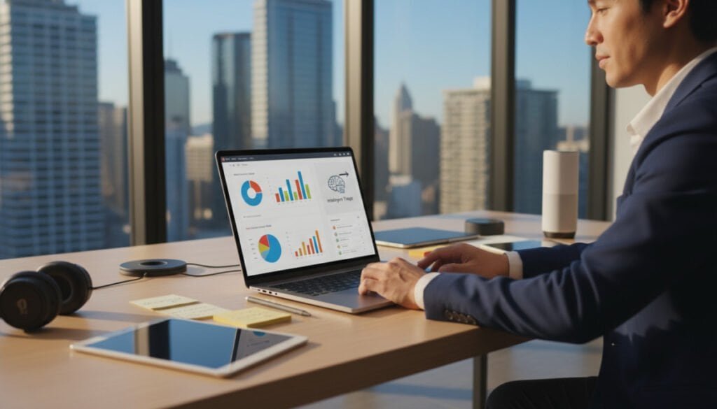 A modern office workspace featuring a sleek laptop on a polished wooden desk, surrounded by high-tech gadgets and notes. The screen displays an email interface with vibrant charts and an AI assistant icon indicating intelligent triage of messages. In the background, a large window reveals a bustling cityscape with a clear blue sky, allowing natural light to spill onto the desk and creating a warm atmosphere. A professional individual in business attire is thoughtfully analyzing incoming emails, portraying focus and efficiency. The shot is captured with a soft depth of field, emphasizing the laptop in the foreground while slightly blurring the office environment, conveying a sense of productivity and modernity in email management.