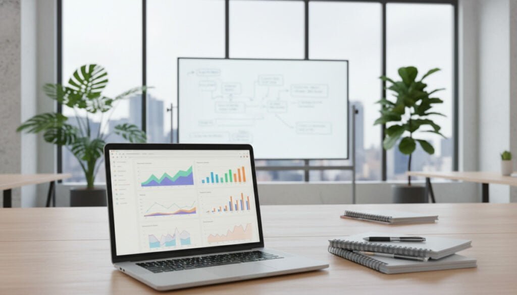 A modern office workspace filled with various programmatic SEO tools. In the foreground, a sleek laptop displays an open programmatic SEO software interface, showcasing colorful graphs and charts. Beside the laptop, there are notepads and pens, indicating active brainstorming. The middle ground features a vibrant digital whiteboard with SEO strategies and template designs sketched out. The background consists of large windows letting in natural light, giving a bright and airy feel, with green plants adding a touch of nature. The scene is captured from a slightly elevated angle, creating a dynamic perspective. The mood is professional yet creative, emphasizing teamwork and innovation in content strategy.