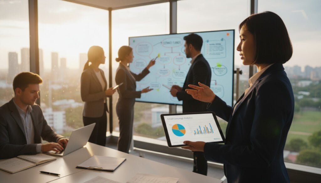 A modern office workspace showcasing a team of diverse professionals collaborating on a cold email outreach strategy. In the foreground, a confident woman in smart business attire is pointing at a digital tablet displaying analytics. Beside her, a man in a suit is jotting down notes on a laptop. In the middle ground, an interactive whiteboard filled with flowcharts and diagrams emphasizes teamwork and scalability. The background shows large windows with natural light flooding the room, providing a vibrant atmosphere. Soft focus in the background accentuates the workspace environment, while a warm color palette sets an inviting mood of productivity and teamwork. Use a wide-angle shot to capture the dynamic essence of the collaborative scene.