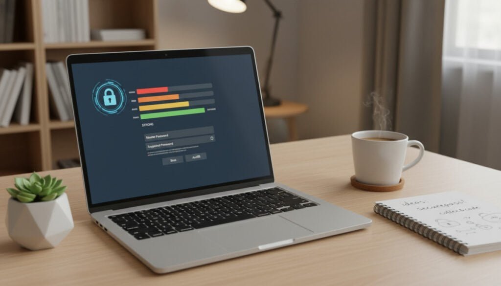 A modern password manager interface displayed on a sleek laptop screen, with a digital lock icon and vibrant, colorful password strength bars prominently featured in the foreground. Surrounding the laptop, a stylish home office setting includes a small potted plant, a notepad with scribbled notes on password creation, and a warm cup of coffee, conveying a productive atmosphere. In the background, soft lighting and blurred shelves with books create a calming environment, hinting at the importance of security in digital spaces. The image is framed from a slight top-down angle to provide a comprehensive view of the workspace, enhancing the focus on the password manager while maintaining a professional and inviting mood.
