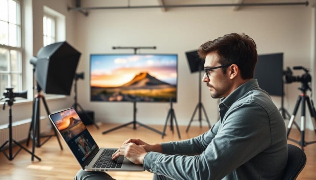 A modern photography coaching scene set in a bright, airy studio environment. In the foreground, a professional-looking individual, dressed in smart casual attire, is intently reviewing photos on a laptop, with a focused expression. Mid-ground features a large screen displaying an edited image, showcasing enhanced colors and clarity, highlighting the use of AI in photo editing. The background includes photography equipment like cameras, tripods, and softbox lights, adding depth and context. Soft, natural lighting filters through large windows, creating an inviting atmosphere. The angle captures both the individual and the screen, conveying a sense of collaboration between human creativity and AI technology. The mood is inspiring and forward-thinking, emphasizing innovation in photography.