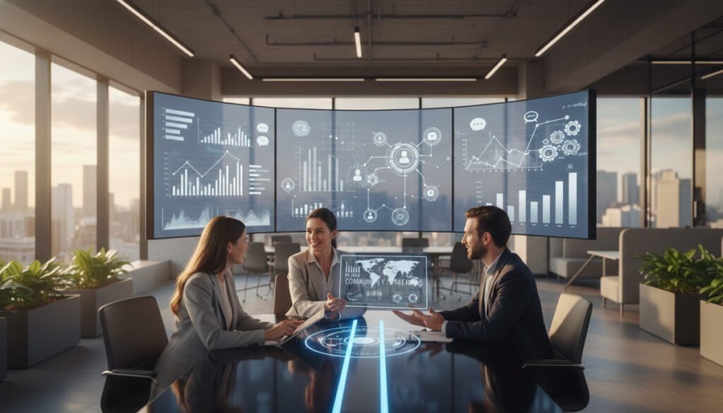 A modern, professional networking scene featuring diverse individuals engaged in collaboration. In the foreground, three people in business attire are gathered around a sleek conference table, discussing ideas and sharing digital devices. In the middle ground, large screens display graphs and professional icons representing online community platforms. The background features a stylish, open office space with large windows allowing natural light to flood in, creating an inviting atmosphere. Soft shadows and a warm color palette suggest a productive yet friendly environment. The composition should convey enthusiasm and innovation, highlighting the essence of Forj as a hub for associations and professional networks. A modern, professional networking scene featuring diverse individuals engaged in collaboration. In the foreground, three people in business attire are gathered around a sleek conference table, discussing ideas and sharing digital devices. In the middle ground, large screens display graphs and professional icons representing online community platforms. The background features a stylish, open office space with large windows allowing natural light to flood in, creating an inviting atmosphere. Soft shadows and a warm color palette suggest a productive yet friendly environment. The composition should convey enthusiasm and innovation, highlighting the essence of Forj as a hub for associations and professional networks.