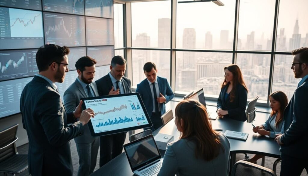 A modern, professional office space filled with high-tech screens displaying market data and analytics graphs. In the foreground, a diverse group of business professionals in smart attire are engaged in intense discussion, examining a large digital tablet showing real-time market trends and Claude's insights. The middle layer features sleek desks with laptops and analytical reports, surrounded by glass partitions. In the background, large windows offer a city skyline view bathed in soft, natural light. The atmosphere is focused and energetic, conveying a sense of collaboration and strategic planning, as soft shadows add depth to the scene. The camera angle is slightly elevated, showcasing both the team dynamics and the high-tech environment.