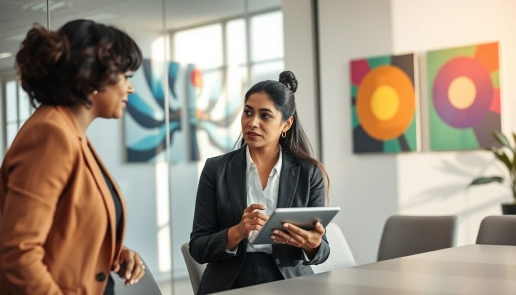A modern, professional workspace featuring a diverse group of three individuals in business attire engaged in a collaborative discussion. In the foreground, a South Asian woman actively gestures while sharing an idea, alongside a Black man taking notes on a tablet. To their left, a Caucasian woman is thoughtfully listening, leaning slightly forward to enhance engagement. The background showcases a sleek conference room with large windows letting in natural light, casting soft shadows that create a warm atmosphere. The walls display vibrant yet calming artwork reflecting innovation and creativity. The overall mood is collaborative and dynamic, emphasizing the theme of humanizing AI interactions, with a slight depth-of-field effect to focus on the people while keeping the background slightly blurred.
