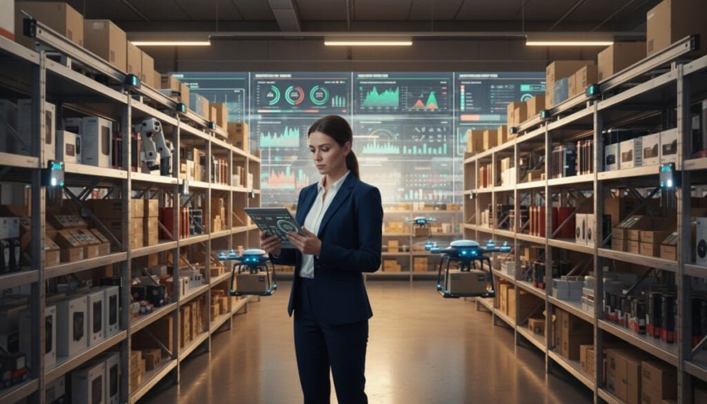 A modern retail warehouse interior focused on automating inventory replenishment. In the foreground, a professional woman in business attire is interacting with a digital tablet, monitoring stock levels. The middle layer features shelves stocked with a variety of products, with sensors and automated drones facilitating restocking. The background showcases large screens displaying real-time data analytics and inventory metrics, creating a high-tech atmosphere. Bright, warm lighting highlights the efficiency of the environment. The scene is shot from a slightly elevated angle, providing a comprehensive view of the automation process. The mood is dynamic and innovative, illustrating the seamless integration of technology in replenishing stock to prevent shortages.