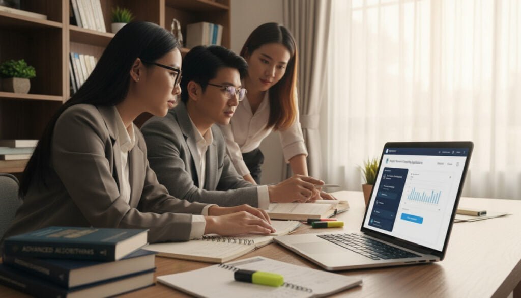 A modern, sleek ChatGPT agent interface designed for personal research, situated in a cozy, well-lit home office. In the foreground, a laptop displaying the ChatGPT interface surrounded by professional research materials like books and notepads. In the middle, a diverse group of three people, all dressed in professional attire, engaging with the laptop, their faces illuminated by the screen's glow. One person is typing while another points at the screen, showcasing collaboration. In the background, a bookshelf filled with technology and academic books, and a window with soft, natural light filtering through sheer curtains, creating a warm atmosphere. The overall mood is productive and inviting, emphasizing innovation and accessibility. A modern, sleek ChatGPT agent interface designed for personal research, situated in a cozy, well-lit home office. In the foreground, a laptop displaying the ChatGPT interface surrounded by professional research materials like books and notepads. In the middle, a diverse group of three people, all dressed in professional attire, engaging with the laptop, their faces illuminated by the screen's glow. One person is typing while another points at the screen, showcasing collaboration. In the background, a bookshelf filled with technology and academic books, and a window with soft, natural light filtering through sheer curtains, creating a warm atmosphere. The overall mood is productive and inviting, emphasizing innovation and accessibility.