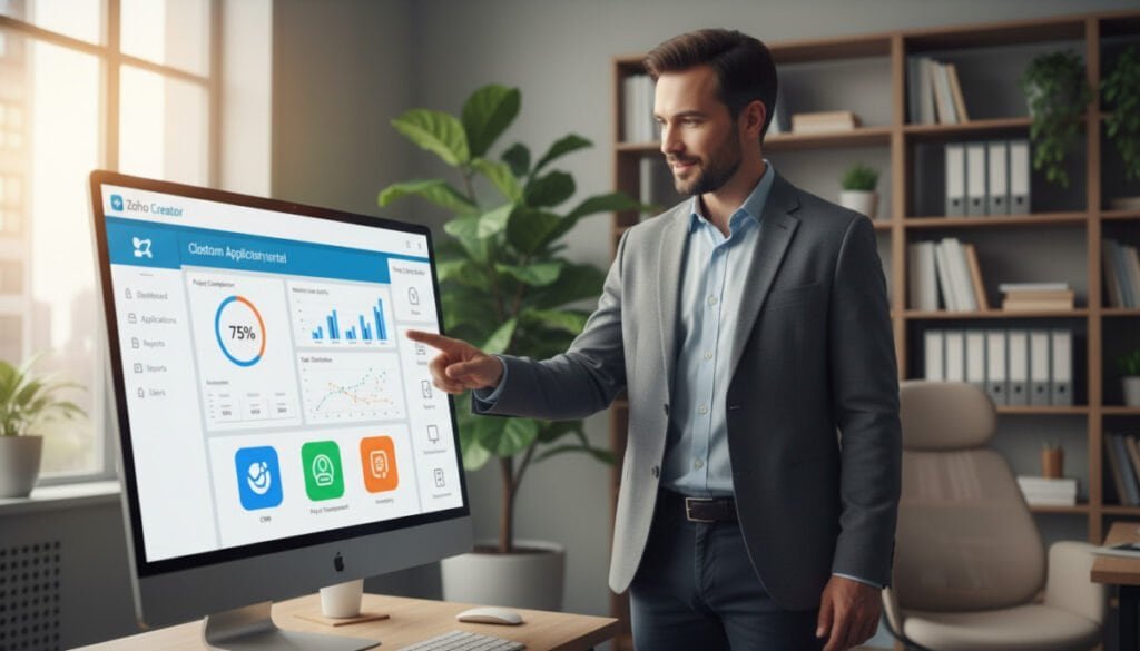 A modern, sleek client portal interface displayed on a computer screen, showcasing the Zoho Creator software for custom app development. In the foreground, there is a professional business person in smart casual attire, pointing at the screen with a look of focus and engagement. The middle layer features the bright, colorful user interface of Zoho Creator, with graphs, app icons, and tools visible, reflecting its functionality. In the background, a softly blurred office environment with potted plants and bookshelves creates a welcoming atmosphere. The lighting is warm and inviting, with natural light coming through a window, emphasizing a collaborative workspace. The image conveys innovation and efficiency, suitable for consulting and agency settings. A modern, sleek client portal interface displayed on a computer screen, showcasing the Zoho Creator software for custom app development. In the foreground, there is a professional business person in smart casual attire, pointing at the screen with a look of focus and engagement. The middle layer features the bright, colorful user interface of Zoho Creator, with graphs, app icons, and tools visible, reflecting its functionality. In the background, a softly blurred office environment with potted plants and bookshelves creates a welcoming atmosphere. The lighting is warm and inviting, with natural light coming through a window, emphasizing a collaborative workspace. The image conveys innovation and efficiency, suitable for consulting and agency settings.