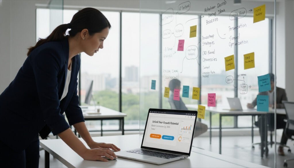 A modern, sleek digital workspace showcasing an optimized landing page for conversion. In the foreground, a laptop with a vivid display of an engaging landing page design, featuring attention-grabbing headlines and clear call-to-action buttons. To the left, a professional individual in business attire, intently analyzing the data on the screen, with charts and graphs illustrating user engagement metrics. In the middle ground, a whiteboard filled with brainstorming notes and strategies for improving conversions, surrounded by colorful sticky notes. The background is a bright, airy office with large windows letting in natural light, giving a motivational atmosphere. The scene is captured in a wide-angle shot, emphasizing both the tools and the person’s focus on maximizing lead generation.