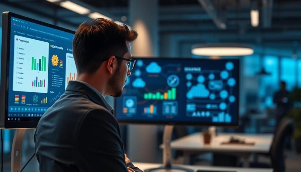 A modern, sleek digital workspace showcasing "pipeline variables management." In the foreground, display a computer screen featuring a user-friendly interface with colorful charts and graphs representing variables and environments. A professional in business attire analyzes the screen, with a focused expression. The middle layer includes a virtual dashboard with icons symbolizing cloud integration and data flow, illuminated by soft blue and green ambient lighting. In the background, abstract representations of interconnected nodes and network paths fade into a blurred office environment, suggesting collaboration and technology. The overall mood is innovative and efficient, inspiring a sense of advanced project management and teamwork.