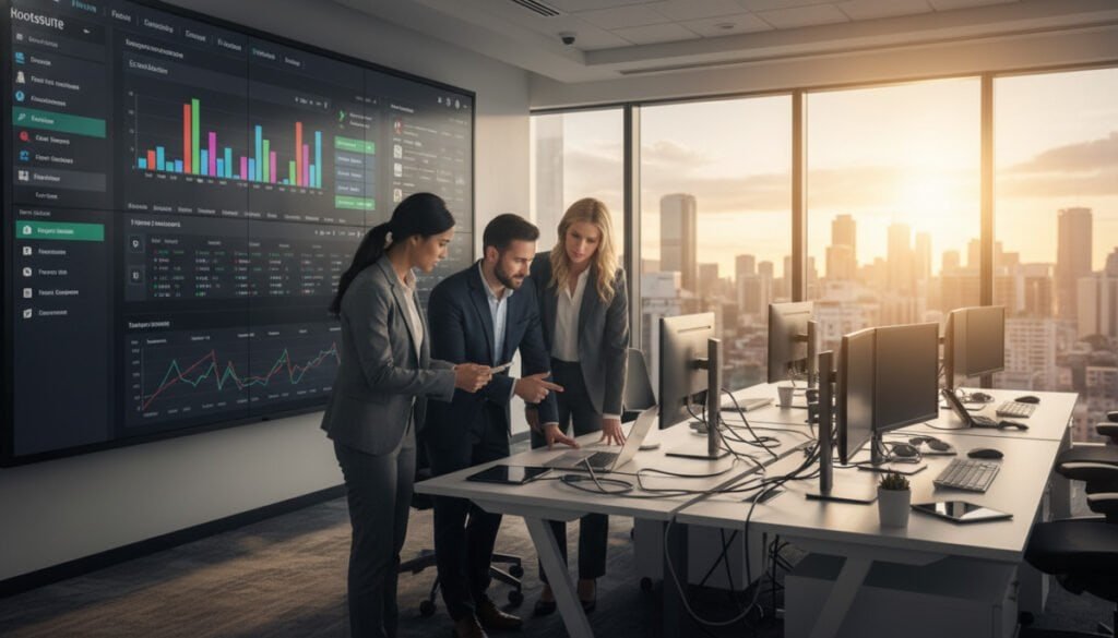 A modern, sleek office environment filled with technology, showcasing a large digital screen displaying the Hootsuite dashboard for enterprise social media management. In the foreground, a diverse group of three professional business people, dressed in well-fitted suits, interact with a laptop, analyzing social media metrics and strategies. The middle ground features multiple computer stations with various devices, emphasizing collaboration and productivity. The background consists of large windows with a view of a city skyline, bathed in warm, natural lighting that creates an inviting atmosphere. The lens captures the scene from a slightly elevated angle, providing a sense of depth and dynamic energy within the workspace, reflecting innovation and teamwork. A modern, sleek office environment filled with technology, showcasing a large digital screen displaying the Hootsuite dashboard for enterprise social media management. In the foreground, a diverse group of three professional business people, dressed in well-fitted suits, interact with a laptop, analyzing social media metrics and strategies. The middle ground features multiple computer stations with various devices, emphasizing collaboration and productivity. The background consists of large windows with a view of a city skyline, bathed in warm, natural lighting that creates an inviting atmosphere. The lens captures the scene from a slightly elevated angle, providing a sense of depth and dynamic energy within the workspace, reflecting innovation and teamwork.