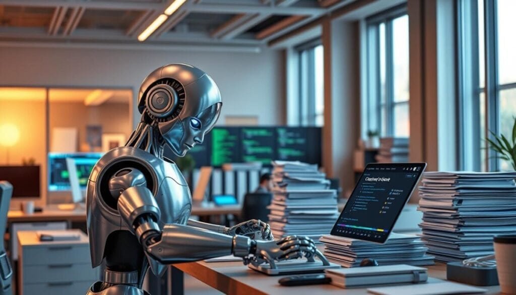 A modern, sleek office environment with a warm, inviting atmosphere. In the foreground, a humanoid figure resembling an AI named Claude, depicted as a polished metallic robot with expressive LED eyes, is meticulously organizing a variety of digital files on a futuristic desktop, with holographic screens displaying colorful data. The middle layer features a well-organized workspace with stacks of folders and digital devices seamlessly integrated into the décor, showcasing various coding languages and project timelines. The background shows a large window with natural light illuminating the space, casting soft shadows, and creating a sense of clarity and productivity. The overall mood is dynamic and professional, reflecting focus and innovation, portraying a blend of technology and human-like dexterity in task management.