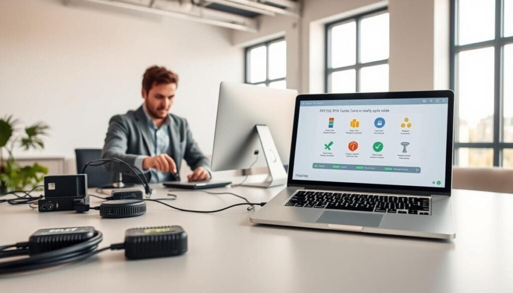 A modern, sleek workspace featuring a computer setup with various RTK devices and cables arranged neatly on a desk. In the foreground, a professional in smart casual attire is actively connecting devices, focused on the installation process. The middle ground showcases a step-by-step visual guide with colorful icons and diagrams illustrating the quick setup steps, while an open laptop displays a user-friendly interface with a progress bar. The background provides a clean, minimalistic office environment with soft natural light filtering through big windows, creating a bright, inviting atmosphere. The mood is productive and efficient, emphasizing ease of use and clarity in the installation process with a subtle warmth in color tones.