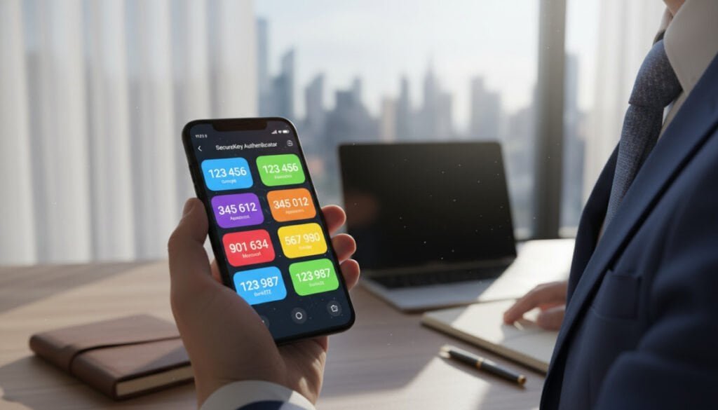 A modern smartphone displaying a vibrant authenticator app interface, showcasing a dynamic array of colorful 2-factor authentication codes in a sleek, user-friendly design. In the foreground, the phone is held by a professional individual, dressed in smart business attire, ensuring a polished and secure vibe. The middle ground features a softly blurred desk with a laptop and notes, emphasizing a workspace for productivity and security. The background includes a window with natural light streaming in, casting gentle shadows that enhance a sense of calm and focus. The atmosphere is one of professionalism and security, ideal for depicting the importance of using authenticator apps for secure login access.