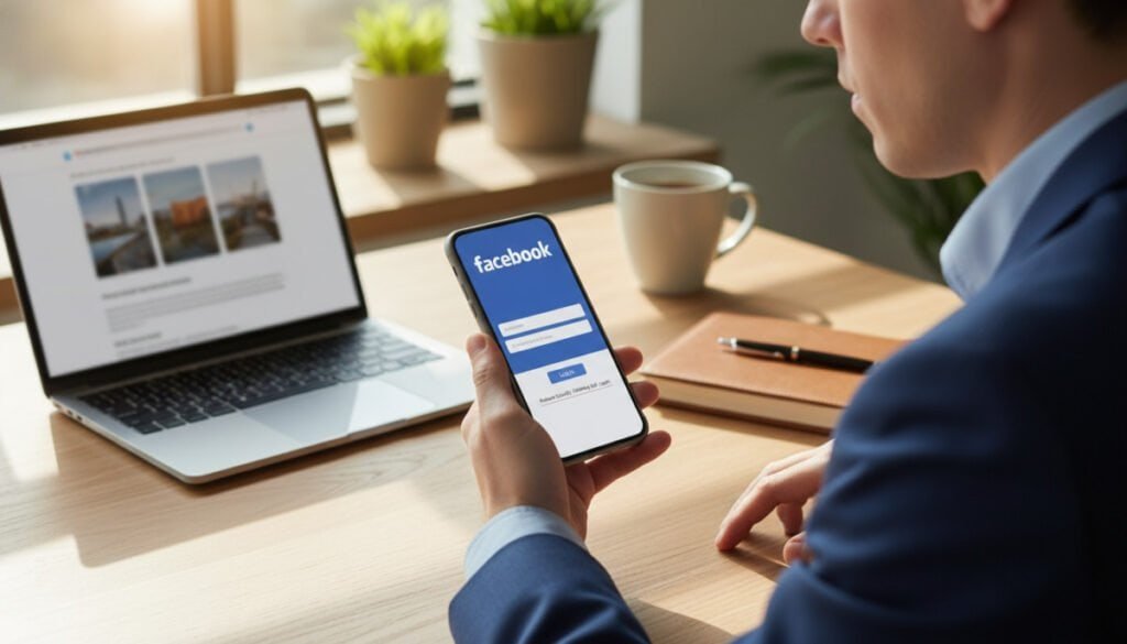 A modern smartphone with a sleek design, displaying the Facebook login screen prominently, is placed on a stylish wooden desk. In the foreground, a professional person in business attire, focused and engaged, is holding the phone and looking at the screen, symbolizing security and technology. Soft, natural lighting streams through a nearby window, creating a warm and inviting atmosphere. In the middle ground, a laptop and a few personal items like a notepad and a pen suggest a workspace, while out of focus in the background, hints of potted plants add a touch of freshness. The image conveys a sense of professionalism, emphasizing the importance of reviewing security settings after logging in to a new device.