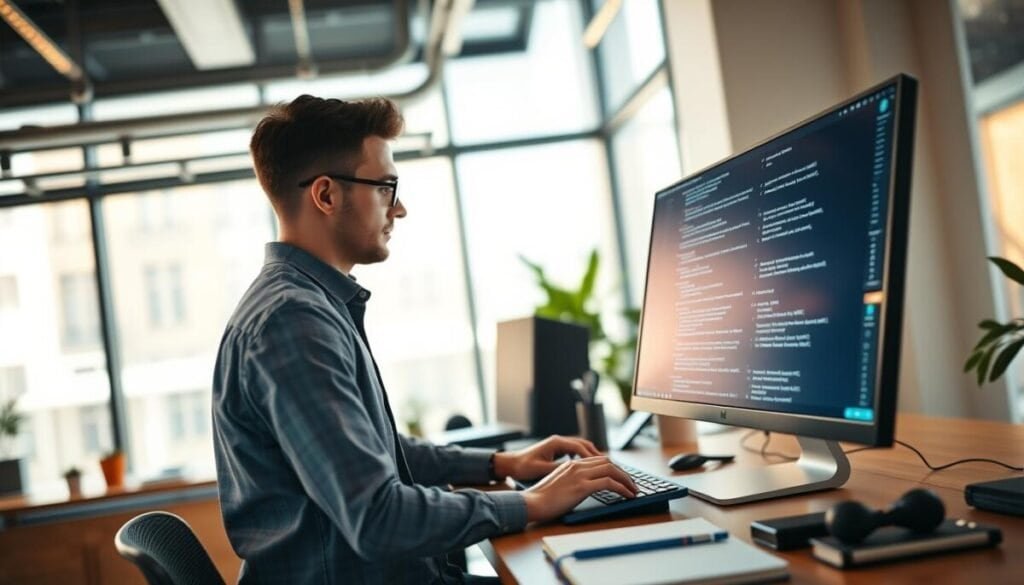 A modern, tech-oriented workspace featuring a sleek, high-resolution computer screen displaying elegant lines of code, specifically illustrating "claude code". In the foreground, a professional male software developer in business casual attire is intently focused on the screen, using a high-tech keyboard. The middle ground showcases a stylish desk cluttered with tech gadgets and notebooks, conveying a productive atmosphere. In the background, there are large windows allowing natural light to pour in, enhancing the bright and inspiring ambiance of the space. Use warm lighting to create a welcoming and innovative mood, and apply a shallow depth of field to emphasize the code on the screen. The overall composition should evoke a sense of cutting-edge technology and collaboration. A modern, tech-oriented workspace featuring a sleek, high-resolution computer screen displaying elegant lines of code, specifically illustrating "claude code". In the foreground, a professional male software developer in business casual attire is intently focused on the screen, using a high-tech keyboard. The middle ground showcases a stylish desk cluttered with tech gadgets and notebooks, conveying a productive atmosphere. In the background, there are large windows allowing natural light to pour in, enhancing the bright and inspiring ambiance of the space. Use warm lighting to create a welcoming and innovative mood, and apply a shallow depth of field to emphasize the code on the screen. The overall composition should evoke a sense of cutting-edge technology and collaboration.