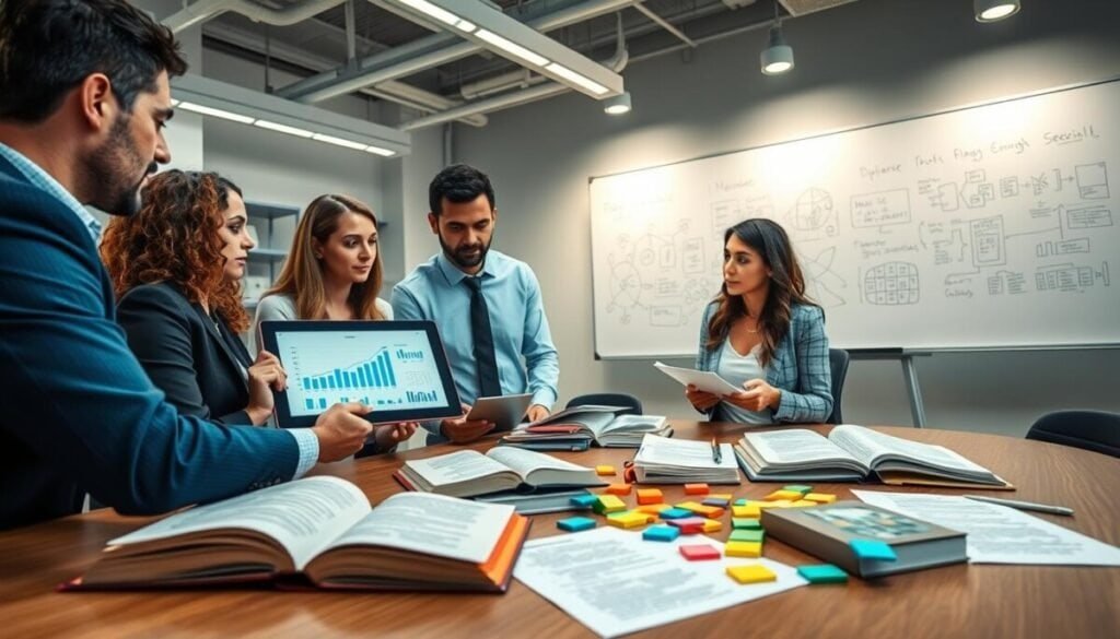 A modern, well-lit research laboratory filled with scholars collaborating on a complex paper. In the foreground, a diverse group of three professionals, dressed in smart business attire, are engaged in an interactive discussion around a digital tablet showing graphs and data visualizations. The middle layer showcases various research materials, such as open books, notebooks filled with notes, and colorful sticky notes scattered across a sleek wooden table. In the background, a large whiteboard is filled with sketches and diagrams, illuminated by soft overhead lighting, creating a focused yet inviting atmosphere. The overall mood is one of innovation and creativity, promoting a dynamic learning experience through collaboration and technology. The image captures the essence of transforming complex academic work into engaging discussions.