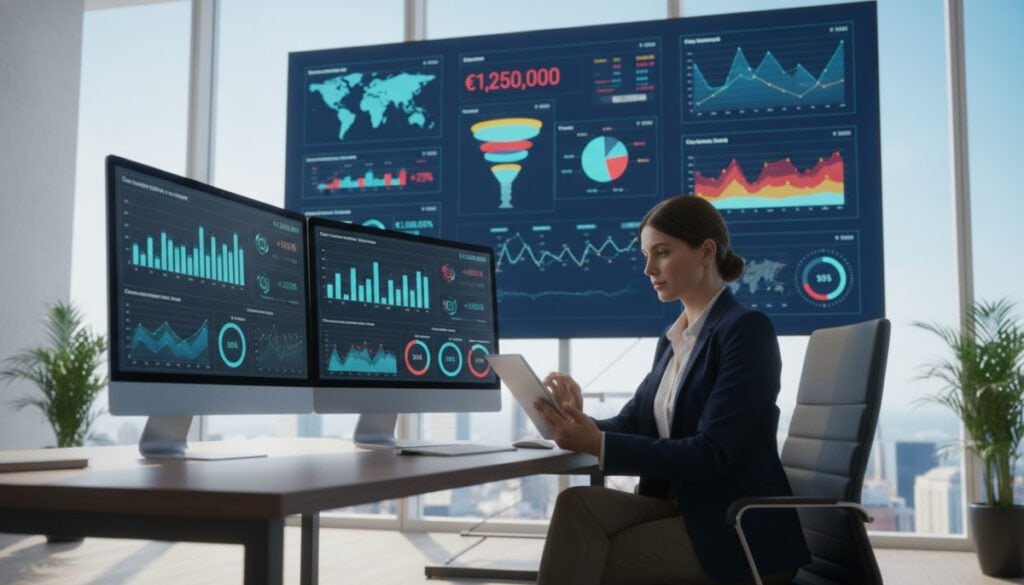 A modern workspace depicting e-commerce revenue tracking, featuring a sleek desk with multiple monitors displaying colorful data charts and analytics dashboards. In the foreground, a professional businesswoman, dressed in smart casual attire, analyzes graphs on a tablet. The middle ground shows a large screen wall with financial metrics, sales trends, and conversion rates visualized in vibrant colors. The background features a bright, minimalist office with large windows allowing natural light to flood the space, creating a fresh and optimistic atmosphere. The scene captures a feeling of focus and success, emphasizing the importance of specialized tools for e-commerce growth, illustrated through bright lighting and a dynamic angle that draws the viewer's attention to the revenue tracking elements. A modern workspace depicting e-commerce revenue tracking, featuring a sleek desk with multiple monitors displaying colorful data charts and analytics dashboards. In the foreground, a professional businesswoman, dressed in smart casual attire, analyzes graphs on a tablet. The middle ground shows a large screen wall with financial metrics, sales trends, and conversion rates visualized in vibrant colors. The background features a bright, minimalist office with large windows allowing natural light to flood the space, creating a fresh and optimistic atmosphere. The scene captures a feeling of focus and success, emphasizing the importance of specialized tools for e-commerce growth, illustrated through bright lighting and a dynamic angle that draws the viewer's attention to the revenue tracking elements.