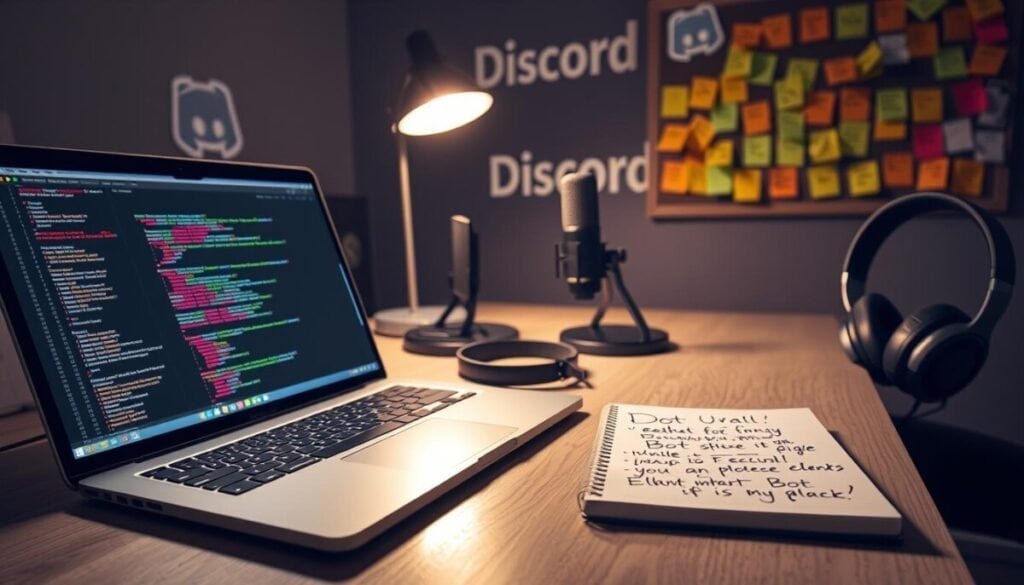 A modern workspace featuring a clean and organized desktop setup dedicated to creating a Discord bot. In the foreground, a sleek laptop displays a code editor with colorful syntax highlighting, while beside it, a notepad has hand-written notes outlining bot features. In the middle ground, there’s a stylish desk lamp providing warm light, casting a cozy, focused atmosphere. A high-quality microphone and headphones sit nearby, signifying communication tools important for a community setup. The background hints at lively Discord branding and a bulletin board filled with colorful sticky notes of ideas and plans. The overall lighting is soft but bright enough to evoke a sense of creativity and productivity, shot at a slight angle to highlight the intricate details of the workspace.