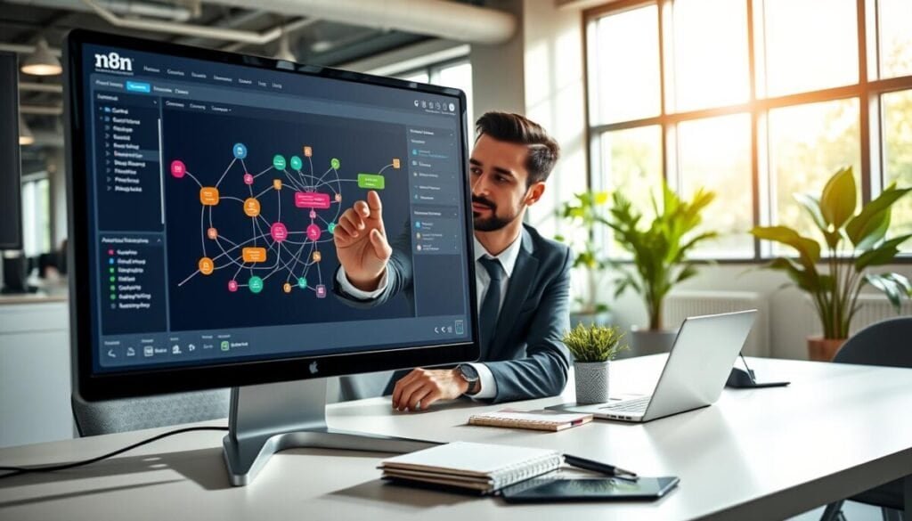 A modern workspace featuring a computer screen displaying the n8n automation interface, with colorful workflow nodes connected by lines. In the foreground, a professional individual in business attire is intently engaged with the screen, manipulating digital elements with a confident expression. The middle ground has a clean, organized desk with a laptop, notebooks, and a plant, conveying a sense of productivity and innovation. The background captures a bright and airy office environment with large windows letting in natural light, casting soft shadows. The mood is focused and inspiring, emphasizing the efficiency and streamlined nature of automating workflows. Utilize a wide-angle lens for a dynamic perspective, highlighting the interconnectedness of digital workflows in a contemporary setting.