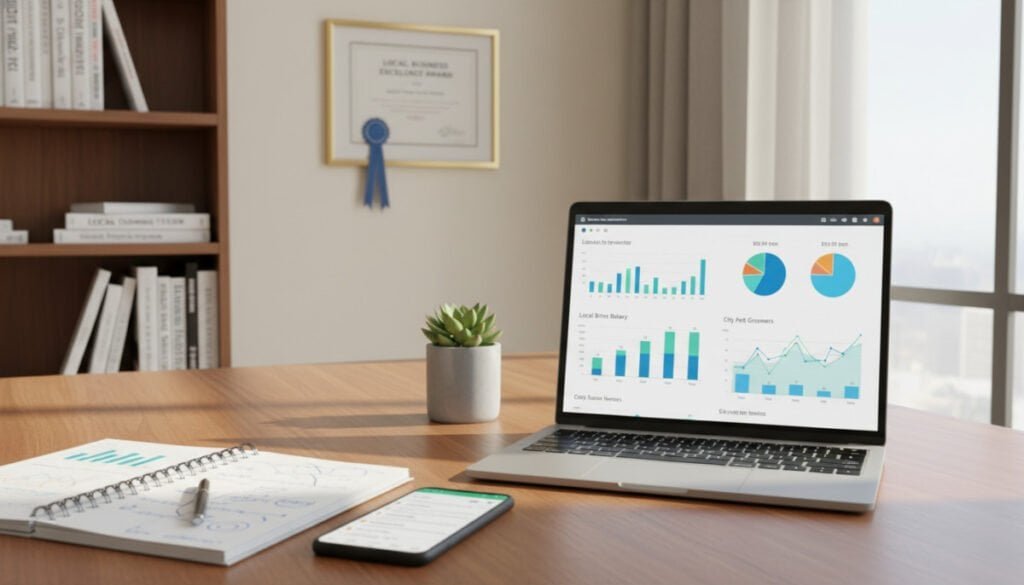 A modern workspace featuring a large wooden desk cluttered with various local SEO tools. In the foreground, there's a laptop displaying a vibrant analytics dashboard with graphs and charts. To the left, an open notebook filled with handwritten notes and a smartphone with a map application open, showing local results. In the middle ground, a potted plant adds a touch of greenery, while an elegant, framed certificate hangs on the wall, showcasing local business achievements. The background consists of a well-organized bookshelf filled with marketing books, creating a professional atmosphere. Soft, natural light filters through a nearby window, casting gentle shadows and enhancing the cozy, focused mood of the workspace, which is designed for small business growth and creativity.