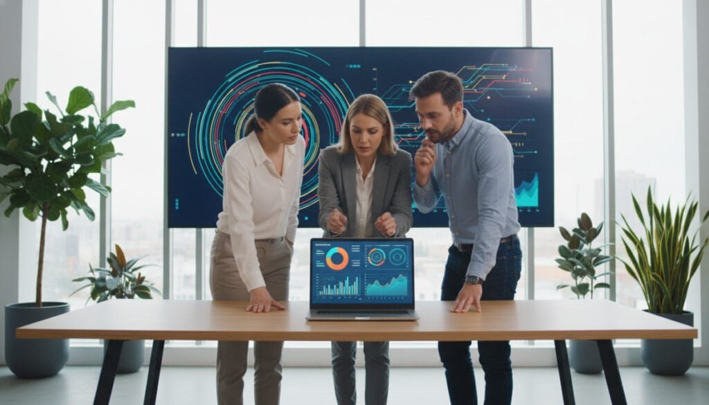 A modern workspace featuring a sleek desk with a high-tech laptop displaying colorful charts and graphs representing user engagement analytics. In the foreground, a diverse group of three professionals—two women in smart business attire and one man in a casual yet polished outfit—are engaged in a collaborative discussion, pointing at the screen with expressions of interest and focus. In the middle ground, a large digital display shows interactive analytics data, with vibrant colors illustrating various metrics. The background features a bright, well-lit office with potted plants and large windows that let in natural light, creating a dynamic and positive atmosphere. Use soft lighting to evoke a sense of productivity and teamwork, captured from a slightly elevated angle for a comprehensive view. A modern workspace featuring a sleek desk with a high-tech laptop displaying colorful charts and graphs representing user engagement analytics. In the foreground, a diverse group of three professionals—two women in smart business attire and one man in a casual yet polished outfit—are engaged in a collaborative discussion, pointing at the screen with expressions of interest and focus. In the middle ground, a large digital display shows interactive analytics data, with vibrant colors illustrating various metrics. The background features a bright, well-lit office with potted plants and large windows that let in natural light, creating a dynamic and positive atmosphere. Use soft lighting to evoke a sense of productivity and teamwork, captured from a slightly elevated angle for a comprehensive view.