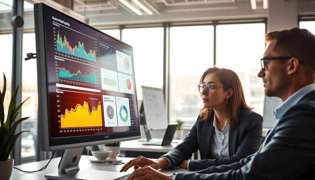 A modern workspace featuring a sleek, futuristic computer screen displaying an array of colorful graphs, charts, and data analytics related to automated lead analysis. In the foreground, a professional individual in business attire is intently analyzing the data, with a look of determination and focus. The middle ground showcases the bright, high-tech office environment with large windows allowing natural light to flood in, illuminating the room. The background includes a whiteboard filled with brainstorming notes and successful project flow diagrams. The overall atmosphere is one of productivity and innovation, emphasizing the importance of data-driven decision-making in achieving success. The lighting is bright and airy, capturing the essence of a cutting-edge technology hub.