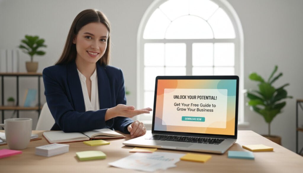 A modern workspace featuring a small business owner, a young woman in professional attire, demonstrating an engaging popup on her laptop screen. In the foreground, a sleek laptop is open, showcasing a vibrant popup design with attractive colors and a clear call-to-action. The middle ground includes a cozy office with a desk cluttered with marketing materials and a cup of coffee, hinting at a productive atmosphere. The background reveals a large window with natural light streaming in, casting soft shadows, and plants adding a touch of nature. The mood is upbeat and inspiring, highlighting the concept of lead generation for small businesses. Use a soft focus lens effect to bring attention to the popup on the laptop, creating a sense of dynamism and professionalism.