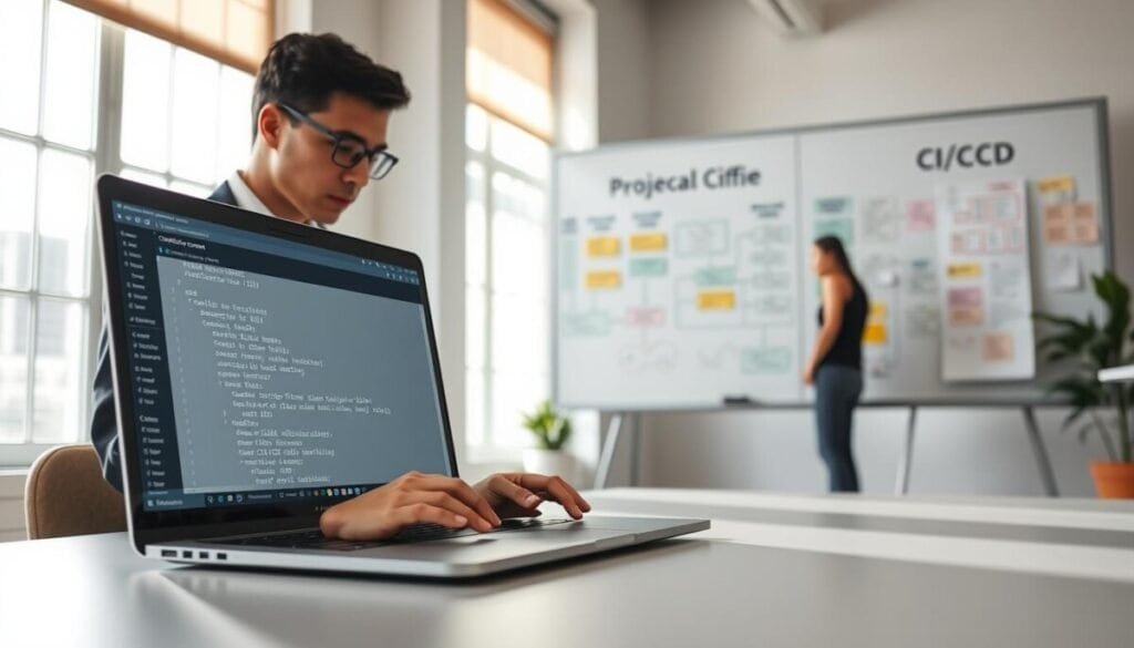 A modern workspace featuring an open laptop displaying configuration files related to a project context on the screen. In the foreground, a professional figure in smart casual attire is typing, with a focused expression. The middle ground shows a sleek whiteboard filled with colorful diagrams and flowcharts about CI/CD processes, reflecting a collaborative environment. In the background, soft daylight filters through large windows, casting gentle shadows and creating an inviting atmosphere. The overall mood is productive and innovative, emphasizing the integration of technology and teamwork in enhancing project efficiency. Emphasize clean lines and a well-organized space. Use a wide-angle lens effect to capture the whole scene and provide depth.