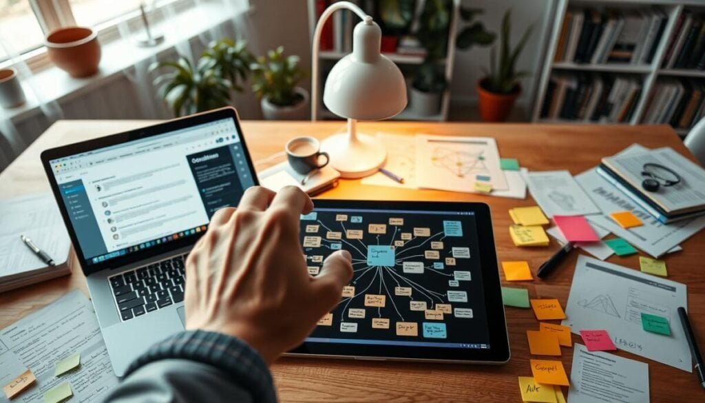 A modern workspace featuring an open laptop displaying the Obsidian interface, surrounded by neatly organized notes, digital mind maps, and colorful sticky notes on a wooden desk. In the foreground, a hand reaches out to manipulate a touchscreen tablet displaying connected ideas and thoughts. The middle layer showcases a soft, glowing desk lamp illuminating the notes, creating a warm and inspiring atmosphere. In the background, a wall filled with books and plants adds depth and creativity to the scene. The lighting is soft yet focused, emphasizing the flow of productivity and creativity in a serene environment. The angle is slightly top-down, capturing the organized chaos of digital integration, reflecting the concept of building a "second brain" through effective note-taking and syncing.