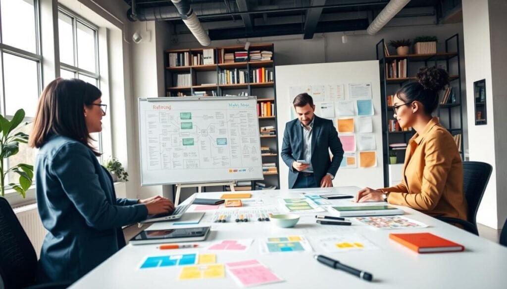A modern workspace filled with creative energy, featuring a sleek table covered with colorful design sketches, notes, and digital devices. In the foreground, a diverse team of three professionals, dressed in smart casual attire, engage in discussion while analyzing their iterative design concepts. The middle ground showcases a large whiteboard filled with mind maps and flowcharts, highlighting the refining process. The bright, natural light streaming through large windows creates a welcoming atmosphere, emphasizing collaboration and creativity. In the background, shelves filled with design books and tools enhance the scene's professional yet innovative vibe. The angle is slightly elevated, allowing for a clear view of the team and their dynamic workspace.