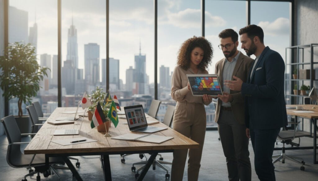 A modern workspace filled with diverse global creators collaborating on various projects. In the foreground, a multi-ethnic group of three professionals in smart casual clothing—one woman with curly hair, one man with glasses, and another man with a well-groomed beard—are engaged in a discussion around a digital tablet displaying colorful graphics of their work. The middle ground features a sleek conference table with laptops, notepads, and international flags representing different countries, symbolizing a global presence. The background showcases large windows with a cityscape view, bright natural light streaming in, creating a warm and inspired atmosphere. The overall mood is dynamic and creative, emphasizing innovative collaboration among talents from around the world.