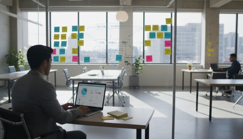 A modern workspace focused on the concept of tracking newsletter referrals. In the foreground, a professional individual in smart casual attire is engaged with a laptop displaying a colorful dashboard filled with analytical graphs and referral metrics. In the middle ground, a large whiteboard is filled with sticky notes and diagrams illustrating the referral process, with connections drawn between various elements. The background features a bright, airy office setting with large windows letting in natural light, creating an optimistic atmosphere. Soft shadows enhance the vibrant colors of the workspace. The overall mood is one of collaboration and innovation within the digital marketing realm, with a lens angle that offers a dynamic perspective of the workspace, capturing both activity and organization.
