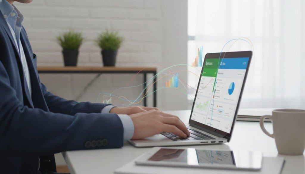 A modern workspace illustrating the integration of QuickBooks and Xero, featuring a sleek laptop with both software interfaces open on the screen. In the foreground, a professional businessperson dressed in smart casual attire is engaging with the laptop, showcasing a seamless workflow. The middle ground includes colorful graphs and financial charts displayed on the screen, symbolizing connectivity and efficiency between the two accounting tools. In the background, a well-organized office environment with plants and soft lighting creates a warm, inviting atmosphere. The angle is slightly elevated, capturing the essence of productivity and collaboration. The image conveys a sense of innovation and modernity, perfect for freelancers and agencies looking to enhance their proposal processes. A modern workspace illustrating the integration of QuickBooks and Xero, featuring a sleek laptop with both software interfaces open on the screen. In the foreground, a professional businessperson dressed in smart casual attire is engaging with the laptop, showcasing a seamless workflow. The middle ground includes colorful graphs and financial charts displayed on the screen, symbolizing connectivity and efficiency between the two accounting tools. In the background, a well-organized office environment with plants and soft lighting creates a warm, inviting atmosphere. The angle is slightly elevated, capturing the essence of productivity and collaboration. The image conveys a sense of innovation and modernity, perfect for freelancers and agencies looking to enhance their proposal processes.