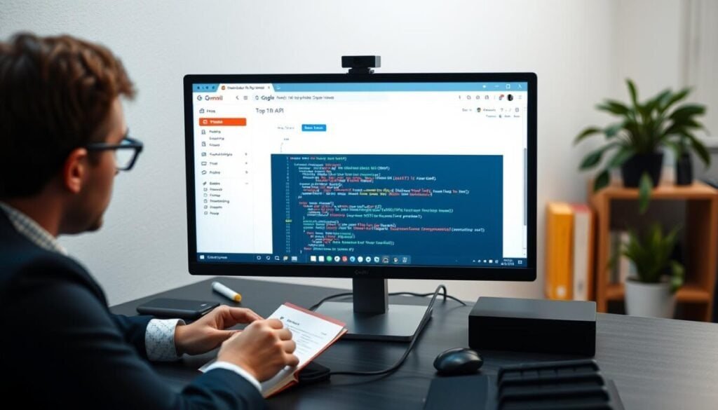 A modern workspace setting, showcasing a sleek computer with the Gmail API setup interface displayed prominently on screen. In the foreground, a business professional in smart casual attire focuses on coding, with a notepad filled with notes nearby. The middle ground features a clear view of the computer screen, displaying a detailed flowchart and code snippets related to API integration, with vibrant colors and clean lines. The background includes a blurred shelf with programming books and a potted plant, creating a relaxed atmosphere. Soft overhead lighting accentuates the workspace, providing a bright but cozy environment. The overall mood conveys productivity and innovation, emphasizing the integration of technology into email management.