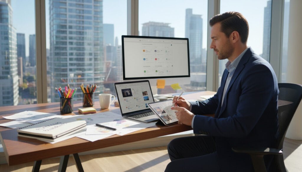 A modern workspace showcasing a balance between design control and ease of use for membership site platforms. In the foreground, a confident coach, dressed in smart casual attire, analyzes various website designs displayed on a sleek laptop and tablet. The middle ground features a stylish desk cluttered with design tools, sketches, and a notepad filled with ideas. In the background, a window reveals a bright, inviting view of a city skyline with a clear blue sky. Natural light floods the room, enhancing a productive and inspiring atmosphere. The image is taken from a slightly angled perspective, emphasizing the coach's engagement with the technology while maintaining a professional and creative vibe. A modern workspace showcasing a balance between design control and ease of use for membership site platforms. In the foreground, a confident coach, dressed in smart casual attire, analyzes various website designs displayed on a sleek laptop and tablet. The middle ground features a stylish desk cluttered with design tools, sketches, and a notepad filled with ideas. In the background, a window reveals a bright, inviting view of a city skyline with a clear blue sky. Natural light floods the room, enhancing a productive and inspiring atmosphere. The image is taken from a slightly angled perspective, emphasizing the coach's engagement with the technology while maintaining a professional and creative vibe.
