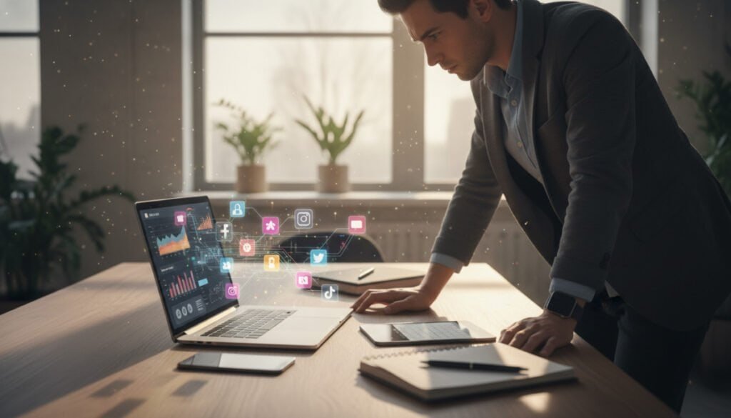 A modern workspace showcasing automation in social media management. In the foreground, a sleek, open laptop displays vibrant social media dashboards and analytics. To one side, a person in professional business attire is engaged, analyzing data on the screen, exuding focus and creativity. The middle ground features a stylish desk adorned with social media icons and digital tools like a smartphone, tablet, and planners, symbolizing various platforms. The background includes a blurred view of an inspiring office environment with large windows, bright natural light streaming in, creating a productive and airy atmosphere. The composition is shot from a slightly elevated angle, emphasizing the integration of technology and personal touch in social media presence automation. The overall mood is dynamic, innovative, and forward-looking.