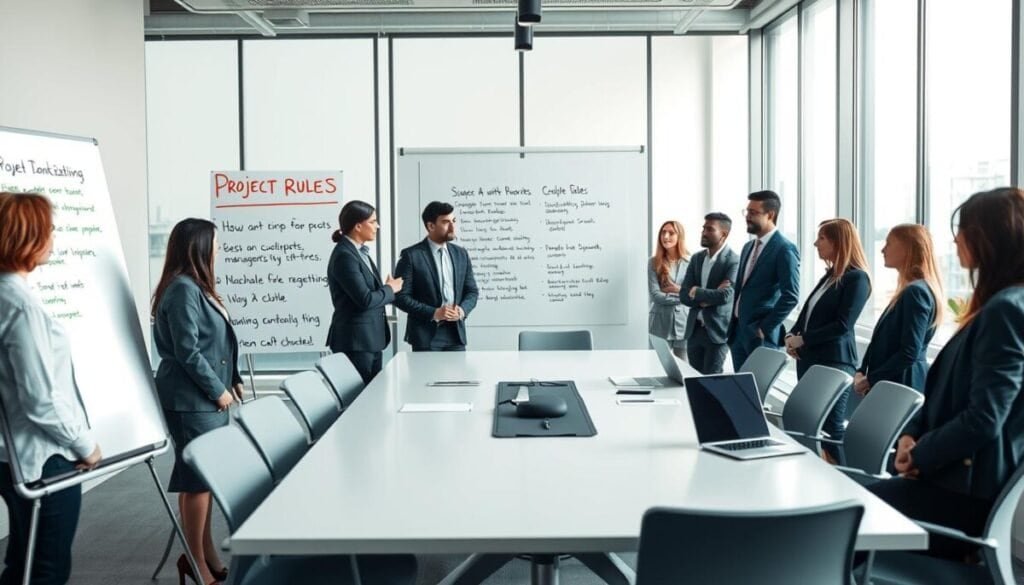 A modern workspace with a large, clear whiteboard in the foreground displaying colorful and clearly structured “Project Rules” in bullet points. A diverse team of professionals in smart business attire is gathered around the whiteboard, actively discussing the rules, showcasing engagement and teamwork. In the middle ground, a sleek conference table with laptops and project materials is set up, indicating a collaborative atmosphere. The background features large windows letting in soft, natural light, creating a bright and inviting environment. The overall mood is focused and productive, emphasizing clarity, organization, and professionalism in project management. The image captures the essence of teamwork and structured guidelines, suitable for a professional article.