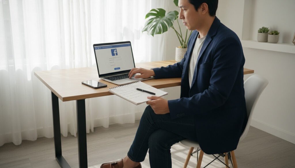 A person in smart casual attire sits at a modern desk, focused on a laptop displaying the Facebook login page. In the foreground, a smartphone is placed next to the laptop, showing different login options, creating a sense of testing multiple devices. The middle ground includes a large window with soft natural light filtering in, casting a warm glow on the workspace. On the desk, there’s a notepad with notes about user access and troubleshooting tips. The background features a clean, minimalistic home office decor with indoor plants, enhancing a professional yet casual atmosphere. The image is bright and inviting, capturing the essence of working through login challenges on alternative devices.